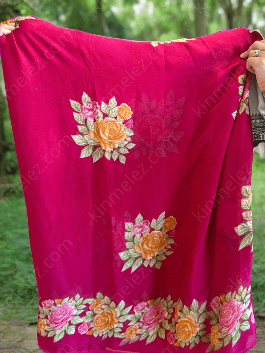 Flower printed chiffon sari with falls and pico - Kinmel EZ
